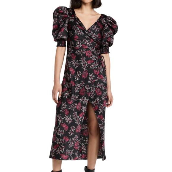 Cinq à Sept Kacy Midi Dress Floral Faux Wrap Silky Black Pink NWT Size 2 - Picture 1 of 14